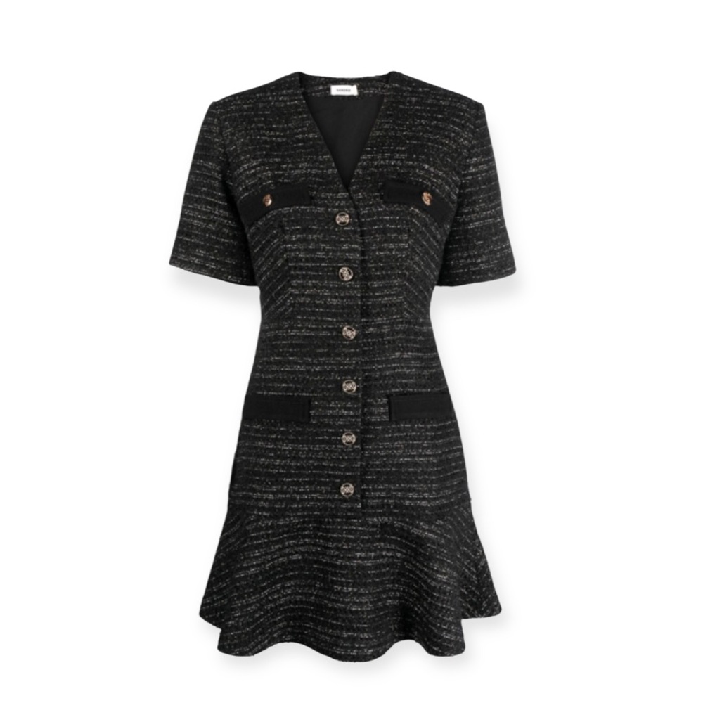 Sandro Gwendoline Tweed Dress Short Sleeve V-Neck Size 36/ US 4‎ NWT Black